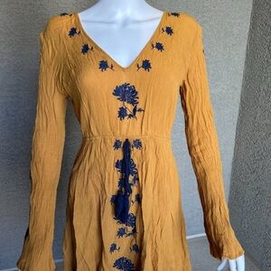 Forever 21 Mustard Dress with Navy Embroidery